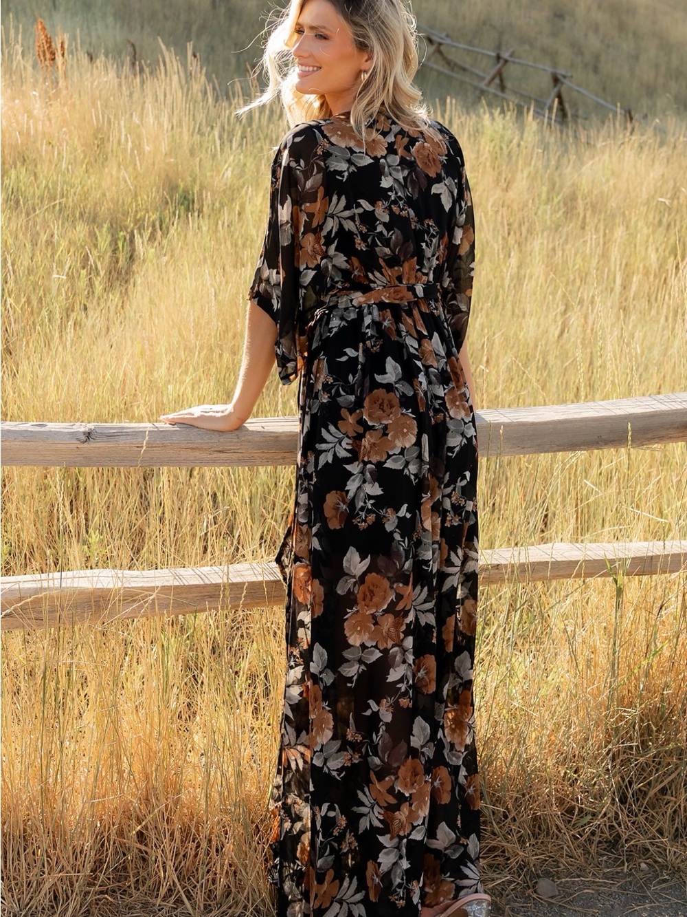 Black Floral Wrap Maxi Dress - Elegant Everyday - Picture 3 of 6